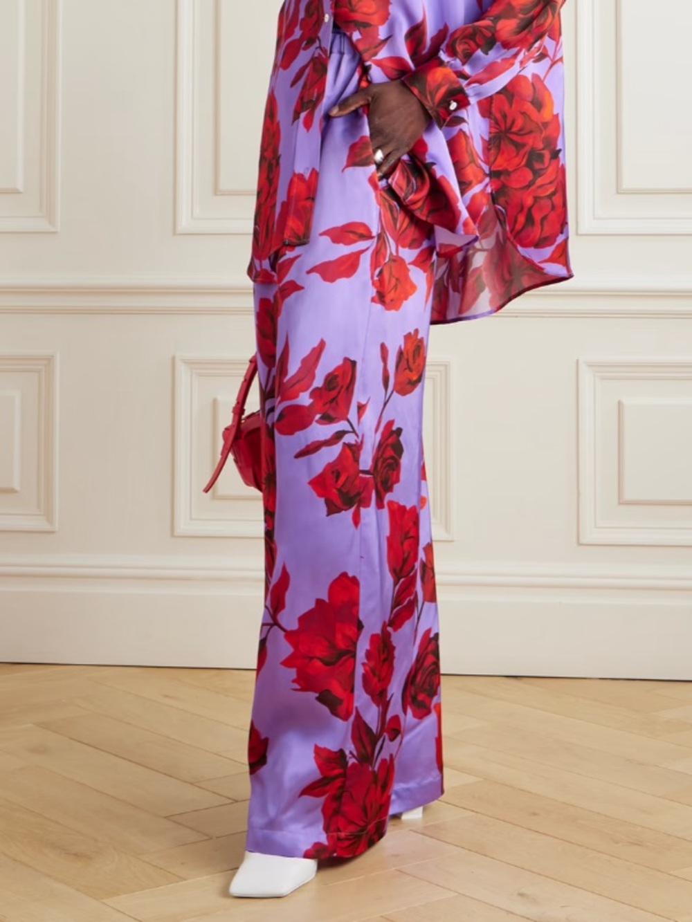 AZ x Net A Porter Factory Floral Print Satin Wide-Leg Pants Purple Red Rose NWOT - Picture 2 of 11